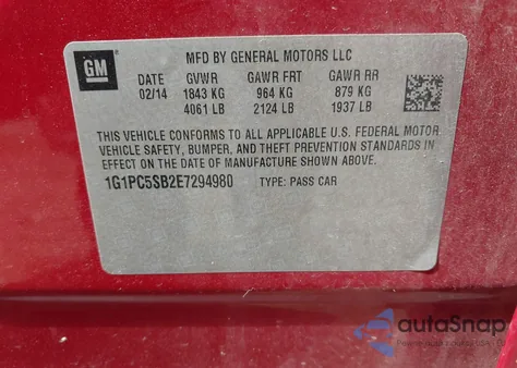 2014 Chevrolet Cruze 1Lt Auto из США, поврежденный, VIN 1G1PC5SB2E7294980